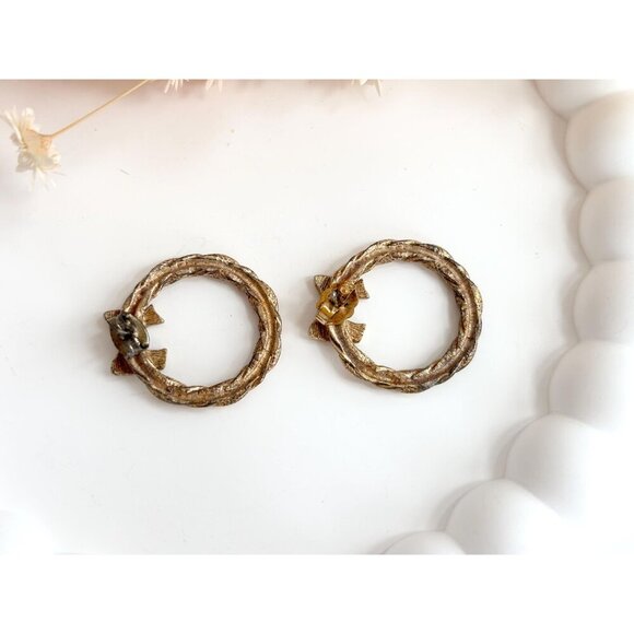 Gold Toned Braided Rope Bow Ribbon Vintage Post Back Holiday Themed Earrings - Picture 5 of 10